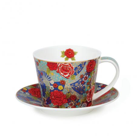 Tasse à Thé Et Soucoupe Dunoon 'Kimono' - Porcelaine Fine, Décor Persan Vert/bleu Et Or 22 Carats - 0,35L